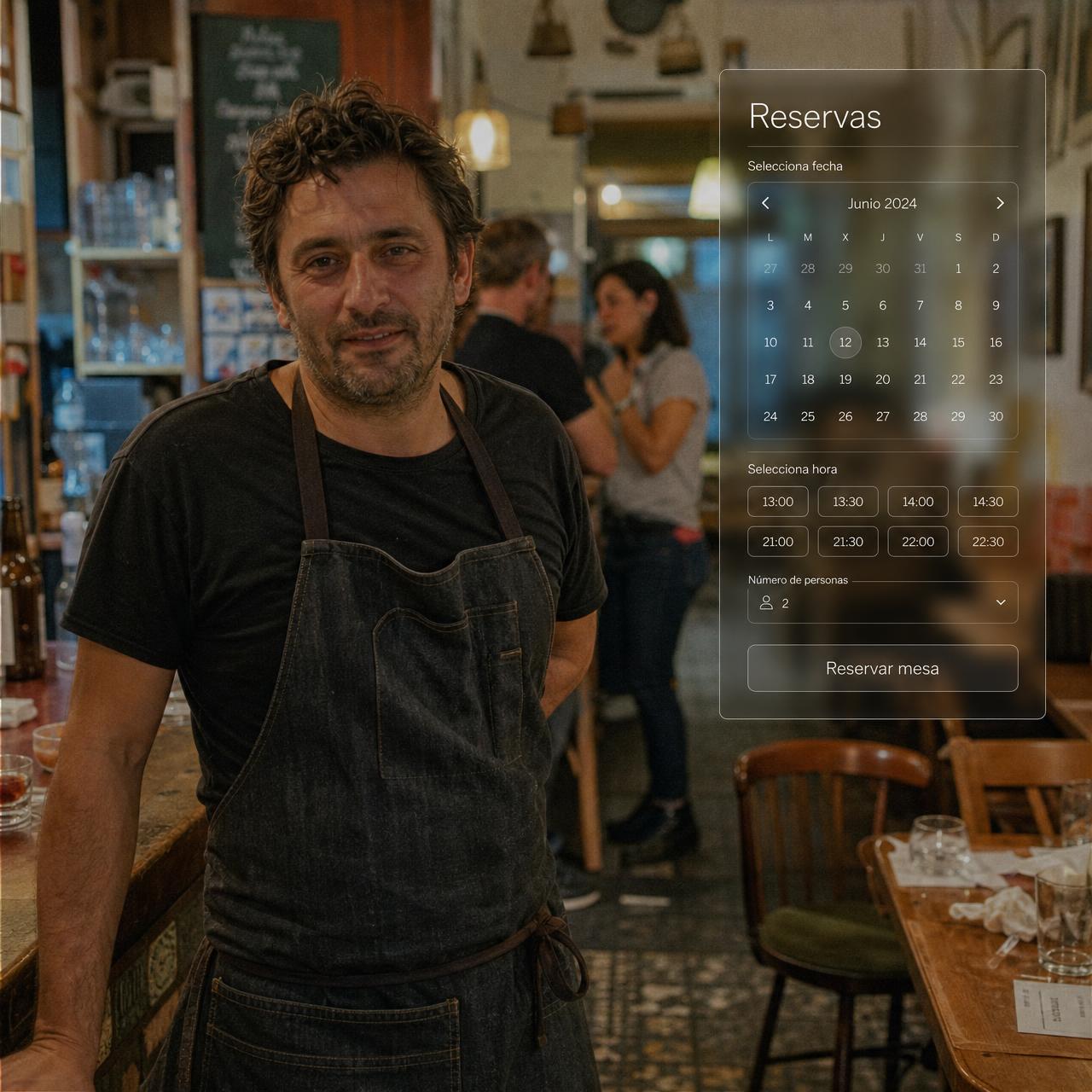 Dueño de restaurante sonriendo en su bistró lleno de clientes